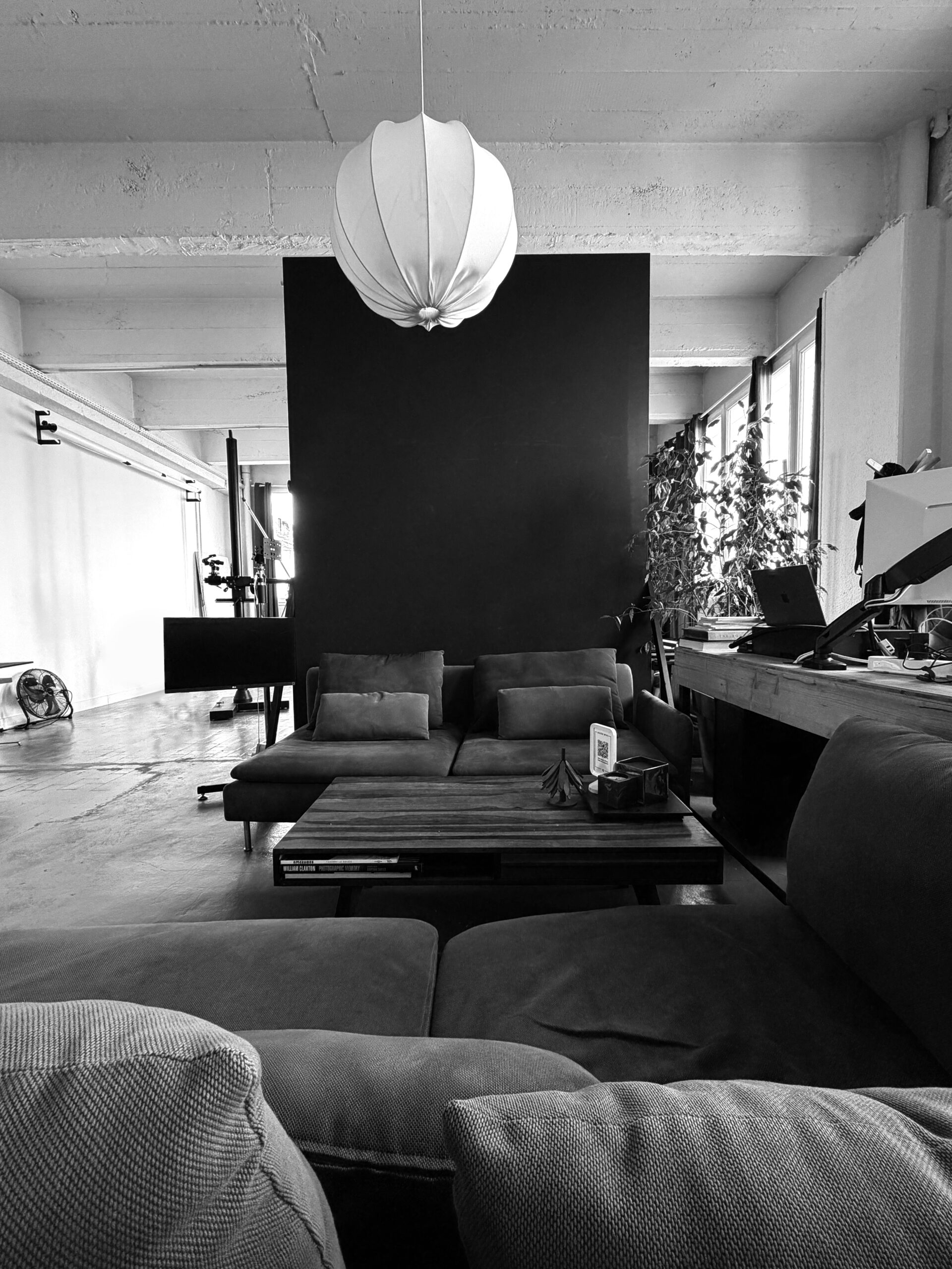 studio zilizou Espace détente du studio Zilizou avec canapé, suspension en papier et plantes
